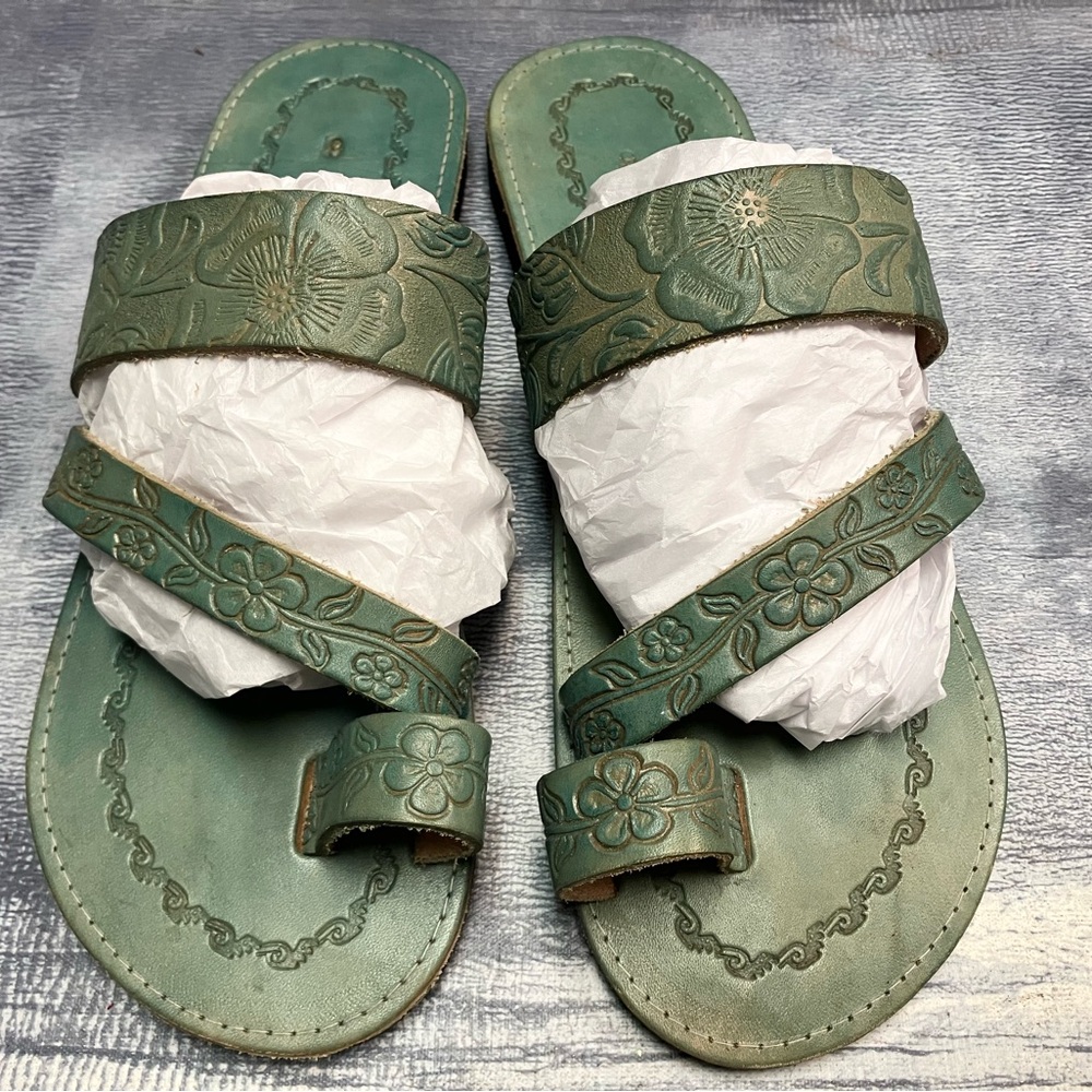Green Boho Floral Embossed Leather Slide Sandals - Picture 2 of 8